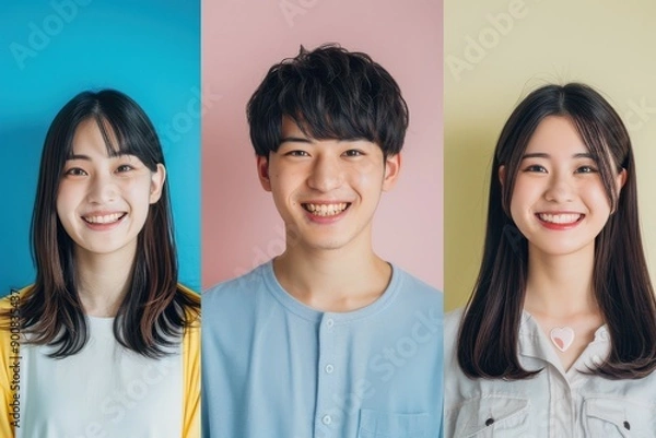 Obraz カラフルな背景の男女の3人（マッチングアプリ・婚活・転職・引っ越し）