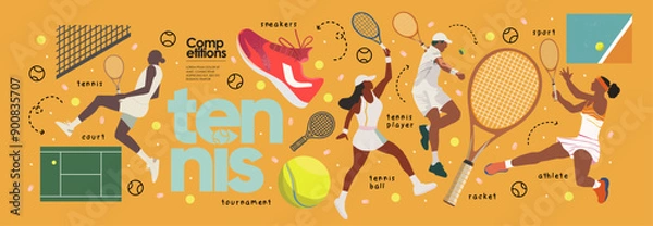 Obraz Tennis and international sport games. Vector abstract illustrations of woman and man tennis player on tournament, court, tennis ball, racket and sneaker. Isolated objects, elements and icons