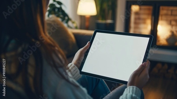 Fototapeta Over shoulder view of a young woman, businesswoman holding a tablet with a white empty blank mockup screen horizontal digital display banner, in a home setting, technology and internet communication, 