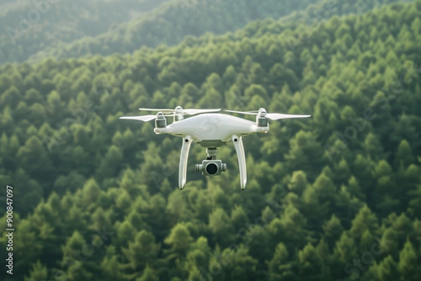 Fototapeta Drone hovering over lush green forest trees in summer. Aerial view of nature landscape, advanced camera technology, remote-controlled quadcopter, outdoor exploration