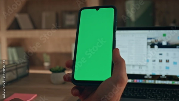 Obraz Online customer using mockup smartphone for shopping at home office close up.