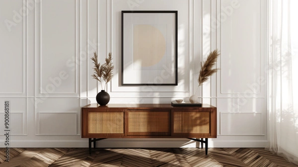 Obraz Minimalist Interior Design of a Modern Scandinavian Living Room with A Wooden Sideboard on Herringbone Parquet Floors Against White Paneling Wall, Cozy Decor Elements. Wall Art Mockup. Copy Space.
