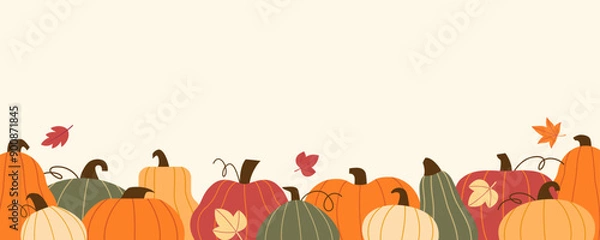 Obraz Autumn pumpkin background. Vector template for fall harvest pumpkin festival and events announcement, banner, invitation, flyer in flat style. Image is cropped with clipping mask.
