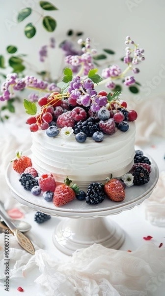 Fototapeta Photo festive white cake decorated with berries on a light background sweets concep