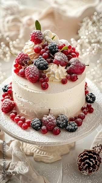 Fototapeta Photo festive white cake decorated with berries on a light background sweets concep