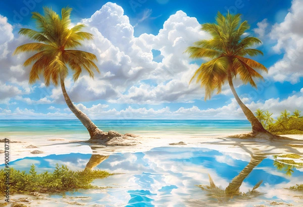 Obraz Idyllic tropical beach with palm trees, water reflections and sunlight bokeh