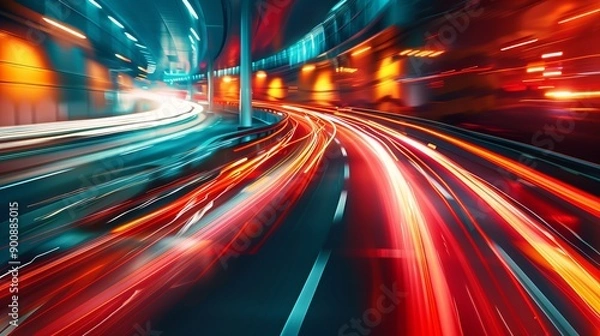 Fototapeta Long Exposure Night Traffic Photograph Showing Speed and Motion on a City Highway