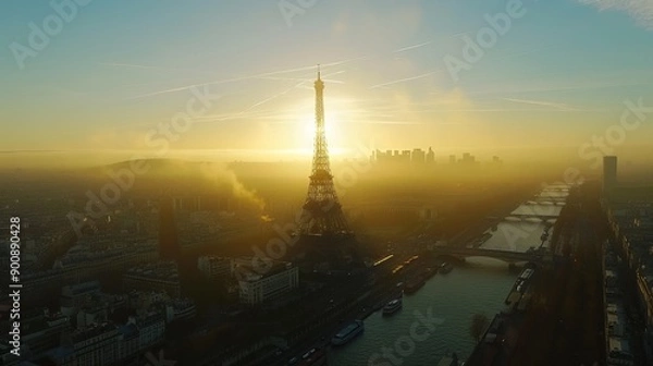 Fototapeta Eiffel Tower iconic landmark and Paris old roofs from above, Paris France
