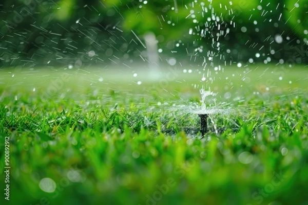 Fototapeta A sprinkler is watering a green lawn. The water is falling in a steady stream, creating a peaceful and calming atmosphere