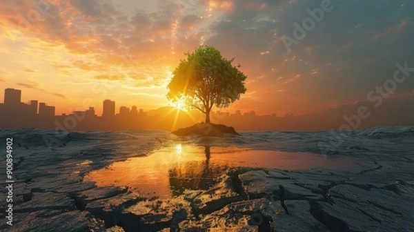 Fototapeta Sunset Overlooking City Skyline With Lone Tree and Reflective Water Puddle at Dusk. Generative AI