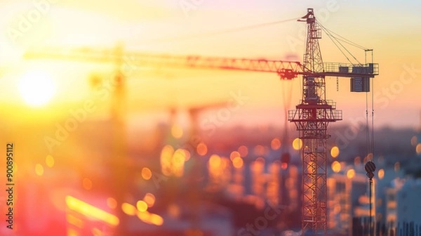 Obraz Construction Crane at construction site at sunset