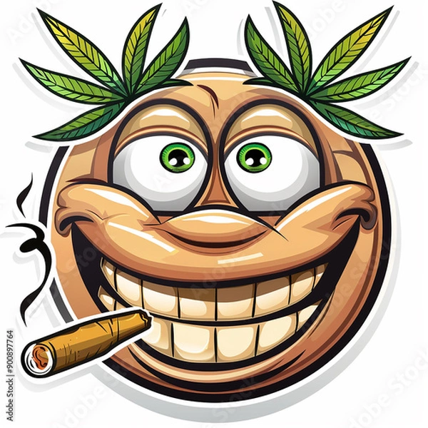 Obraz Cartoon Smiley Face with Cannabis Leaf and Cigarette