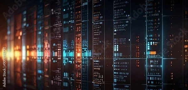 Fototapeta Cybersecurity Firewall A digital firewall with a glowing shield and data blocks, illustrating protection against cyber threats.