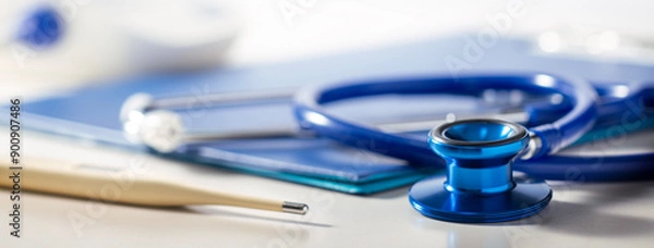 Fototapeta 卓上にある聴診器、カルテ、体温計、血圧計。 医療、病院、健診のイメージ	