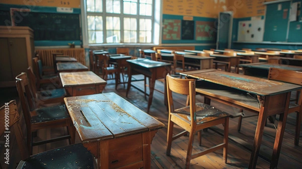Fototapeta Blurred empty classroom in an elementary school or high school with desks and chairs
