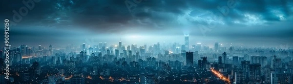 Fototapeta Dramatic Night Cityscape with Illuminated Skyscrapers