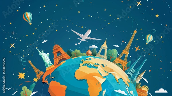 Obraz Illustration of globe with famous landmarks and travel elements