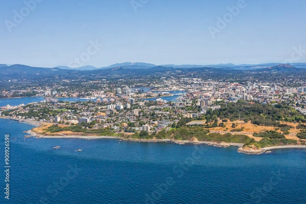 Fototapeta Wide panorama view of the Victoria cityscape viewed from the air. British Columbia, Canada