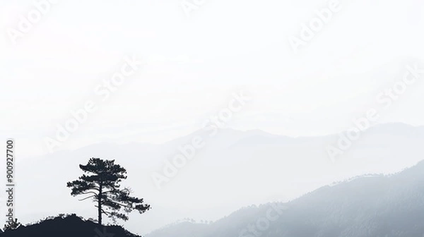 Fototapeta Mountain Silhouette Pine Tree Silhouette Against Overexposed SkyA lone pine tree stands in silhouette against the overexposed sky atop  blank white space : Generative AI