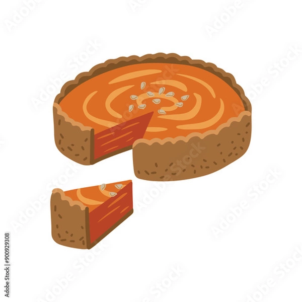Fototapeta Vector isolated element. Pumpkin cheesecake. Pumpkin Pie. Pumpkin. Autumn time. Harvesting. Halloween. Color image on a white background. The print is used for packaging design.