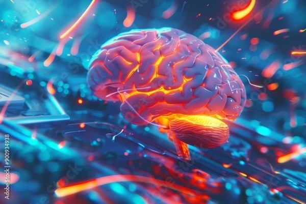 Fototapeta Digital illustration of a brain with neural connections symbolizing cognitive processes and creativity in a vibrant and dynamic style