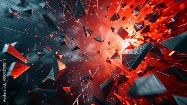 Fototapeta A computer generated image of a red explosion with many pieces of debris