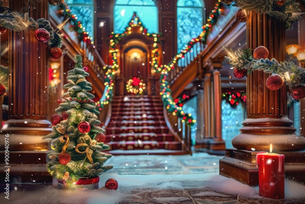 Fototapeta A grand staircase decorated for Christmas with garlands and ornaments, a small Christmas tree, and a lit candle, creating a warm and festive ambiance