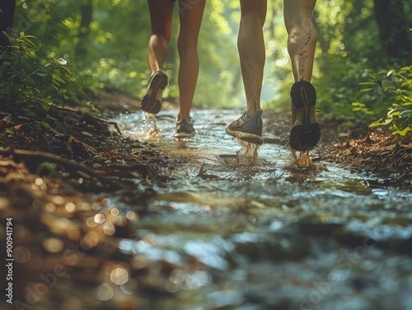 Fototapeta Two individuals walk along a serene forest path, enjoying nature's tranquility and the soothing sounds of flowing water.