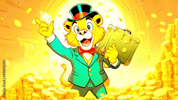 Fototapeta Create a logo for a cartoon YouTube podcast titled "The Takeover." The host is a cartoon lion dressed in a sharp, tailored suit, embodying a confident and humorous sales manager. The lion should be ho