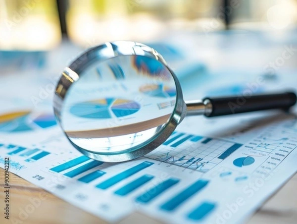 Obraz Magnifying glass and documents with analytics data lying on table,selective focus - ai