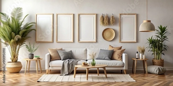 Fototapeta Blank wall mockup with boho minimal frames in a living room setting, wall frame, mockup, blank wall, living room, boho