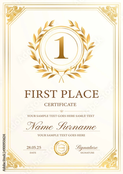 Fototapeta Certificate, diploma for first place winner (vertical design template, white background) with frame, border, and insignia