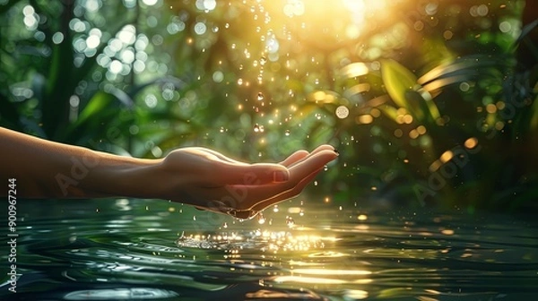 Fototapeta A hand is holding a small amount of water in a palm