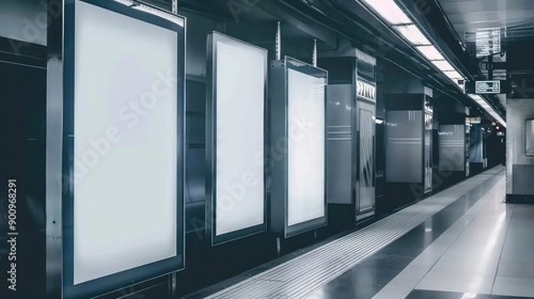 Fototapeta Empty underground subway station with blank advertising boards generated with AI