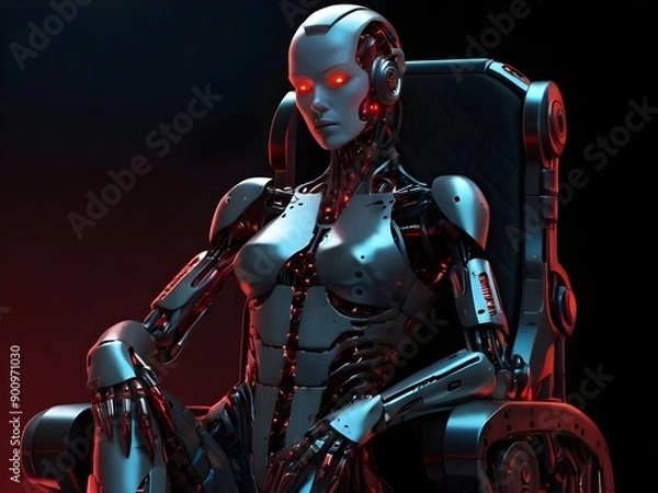 Fototapeta an ultra-realistic body image of a robot woman. Red eyes. She's sitting on a big cybernetic throne, she's the queen of the cyborgs. Red details. Dark cyberpunk mechanical detail. Generative AI
