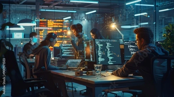 Fototapeta A group of people are working on computers in a dimly lit room