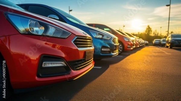 Fototapeta A close-up view of a row of used cars for sale at an outdoor car dealership. The focus is on the front of the cars, with clean and polished exteriors under natural daylight.