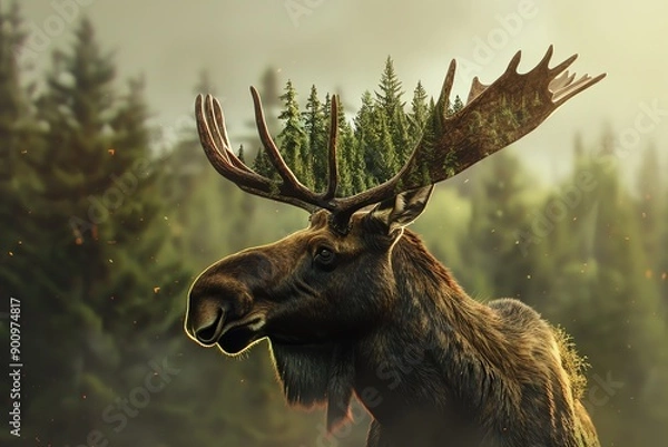Fototapeta A majestic moose with trees growing from its antlers, a symbol of nature's beauty.