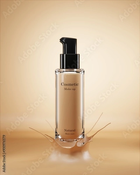 Fototapeta A mockup cosmetic bottle is placed on a flesh-colored liquid with a splash of liquid. 3D illustration