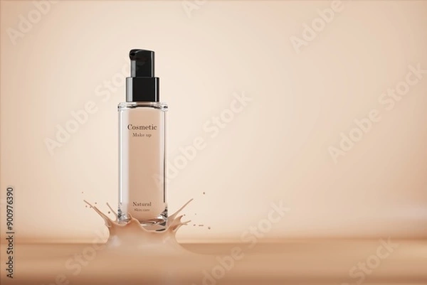 Fototapeta A mockup cosmetic bottle is placed on a flesh-colored liquid with a splash of liquid. 3D illustration