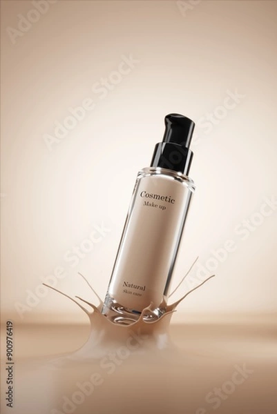 Fototapeta A mockup cosmetic bottle is placed on a flesh-colored liquid with a splash of liquid. 3D illustration