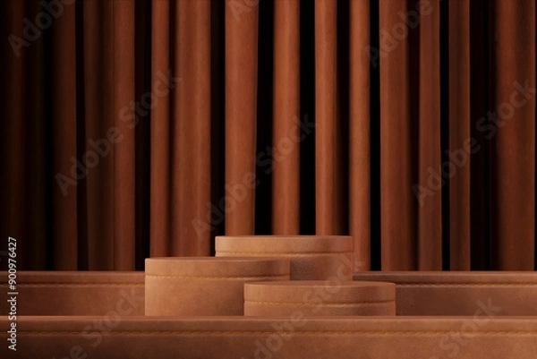 Fototapeta Three leather podium for product presentation on abstract leather background. 3D illustration