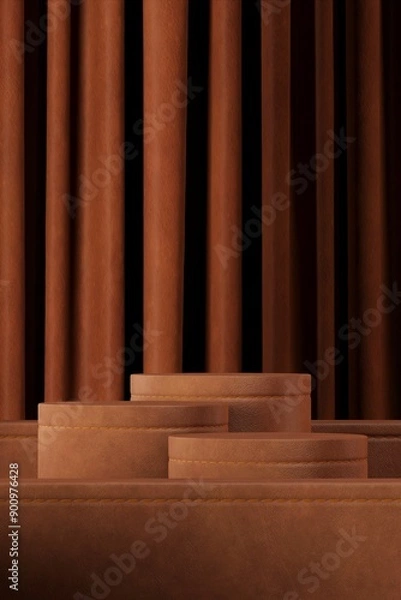 Fototapeta Three leather podium for product presentation on abstract leather background. 3D illustration