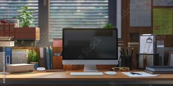 Fototapeta desk with computer, Desk Workspace An organized desk workspace with a computer, documents, and office supplies, showcasing a productive office environment.