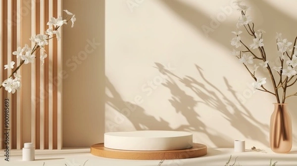 Obraz A minimalist display featuring a vase with white blossoms casting shadows on a beige background, creating a serene and elegant scene.