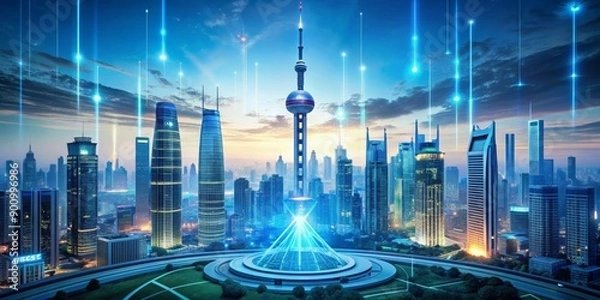 Fototapeta A cityscape with a tall tower in the middle and a blue sky