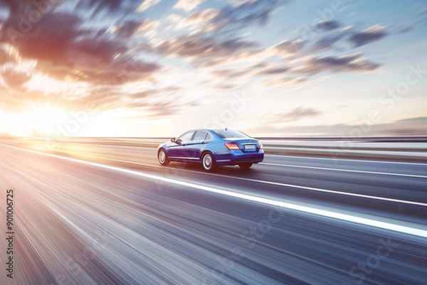 Fototapeta Dynamic Blue Sedan Speeding on Highway at Sunset with Blurred Motion, Illuminated by Setting Sun