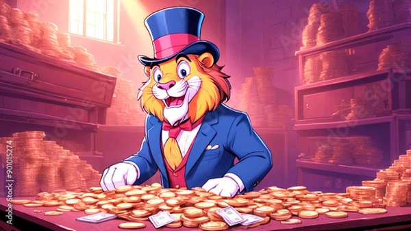 Fototapeta Create a logo for a cartoon YouTube podcast titled "The Takeover." The host is a cartoon lion dressed in a sharp, tailored suit, embodying a confident and humorous sales manager. The lion should be ho