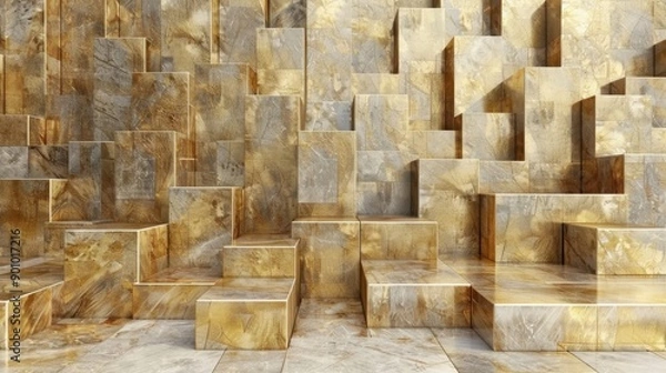 Fototapeta Geometric pattern of stacked golden and marble-like blocks creating a luxurious abstract texture and design, perfect for backgrounds.