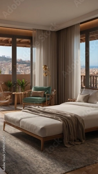 Fototapeta Modern Bedroom with City View and Large Windows